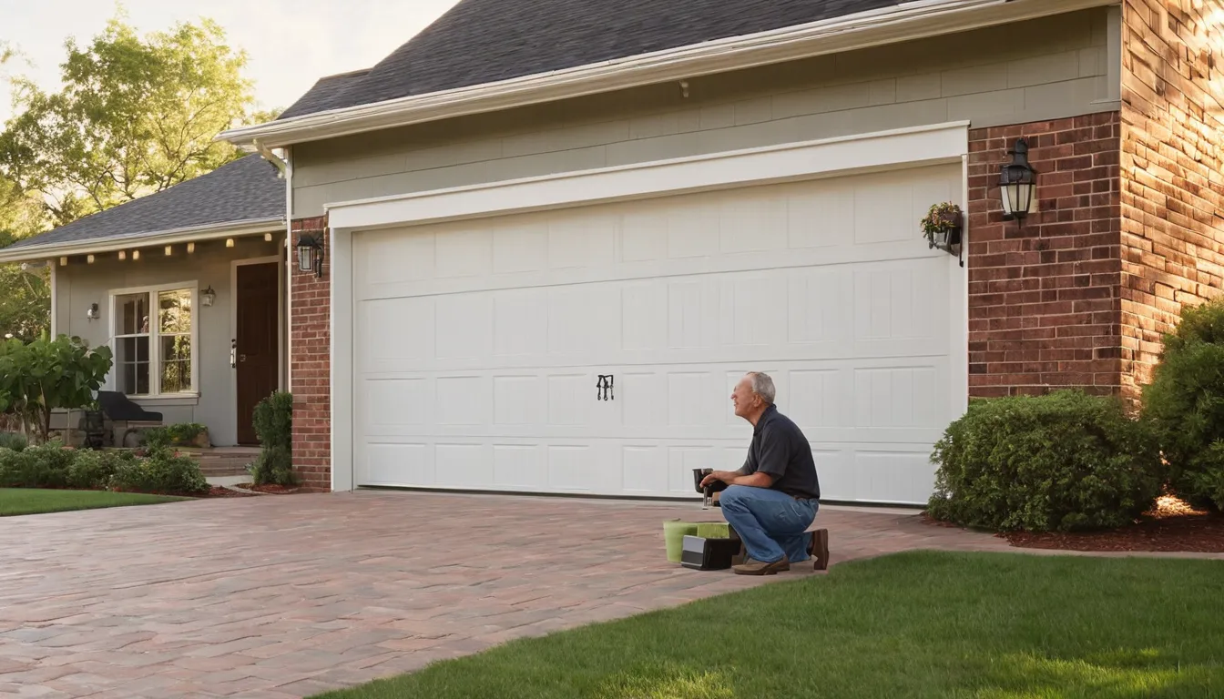 Friendly garage door provider checking the track of a residential garage door in Manvel